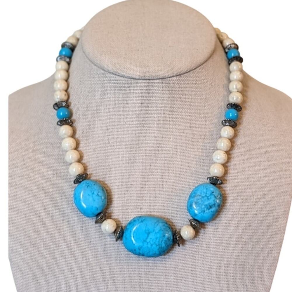 Blue and Cream Stone 17.5" Heavy Beaded Necklace